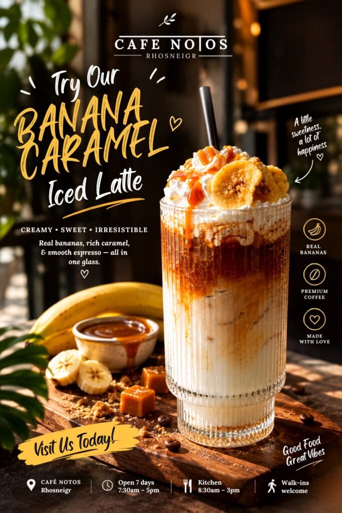Banana caramel iced latte social media design by ML Media Co